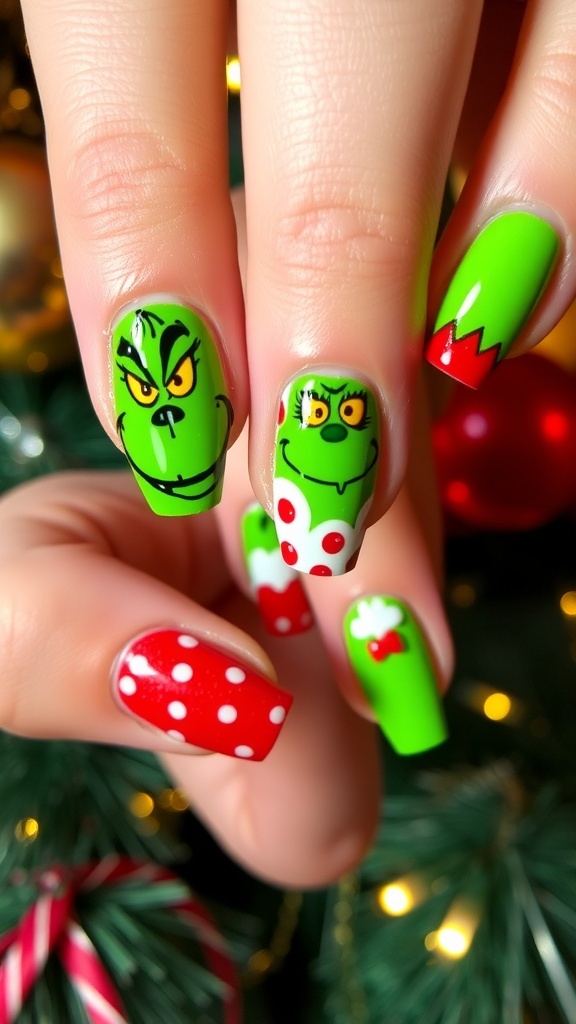 Grinch-inspired Christmas nail art with green base, red accents, and Grinch face design.